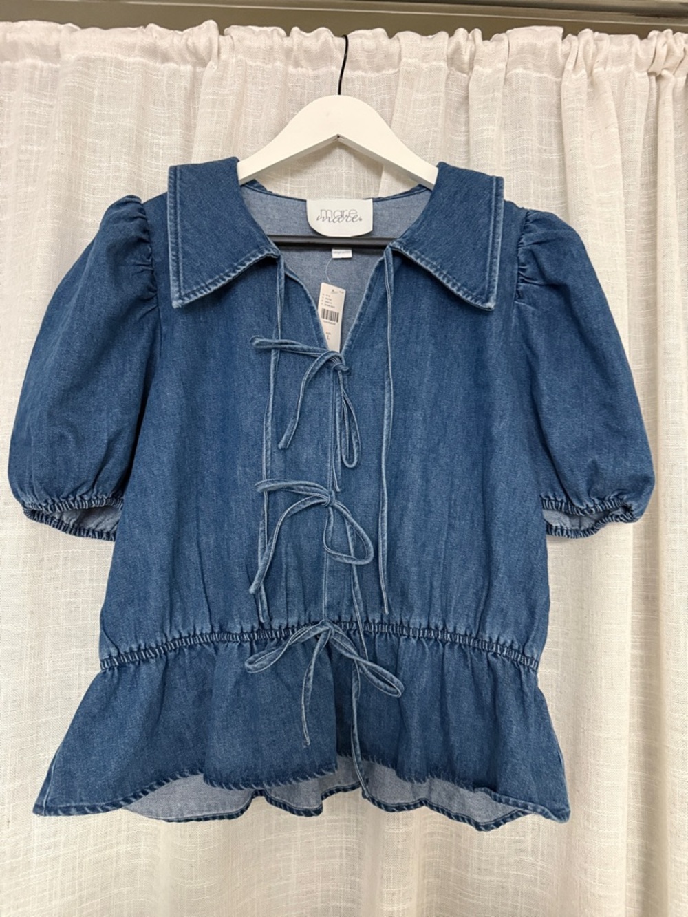 Maeve Denim Tie-Front Peplum Puff-Sleeve Blouse - Blue